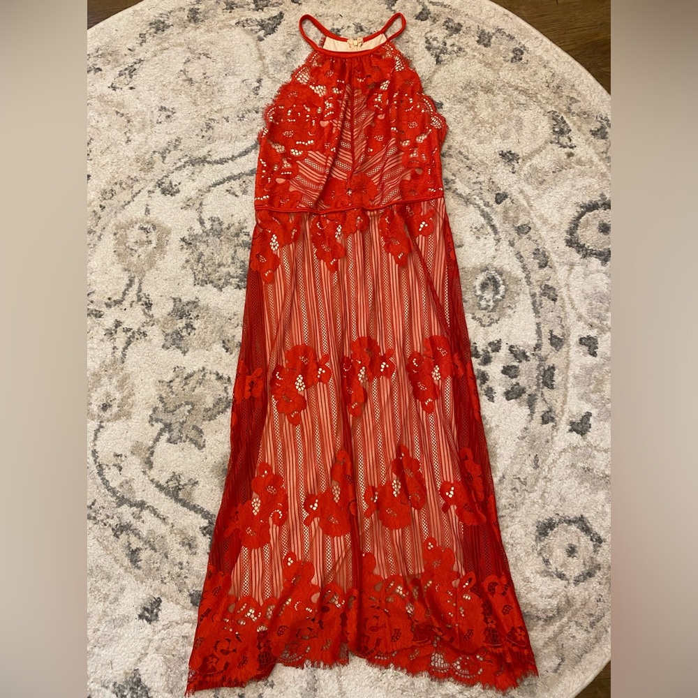 Chelsea & Violet High Neck Red Lace Overlay Midi Dress Size Medium